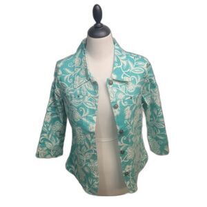 Kaktus 3/4 Sleeve Button Up Jacket Size Lg Teal & White with Floral Design